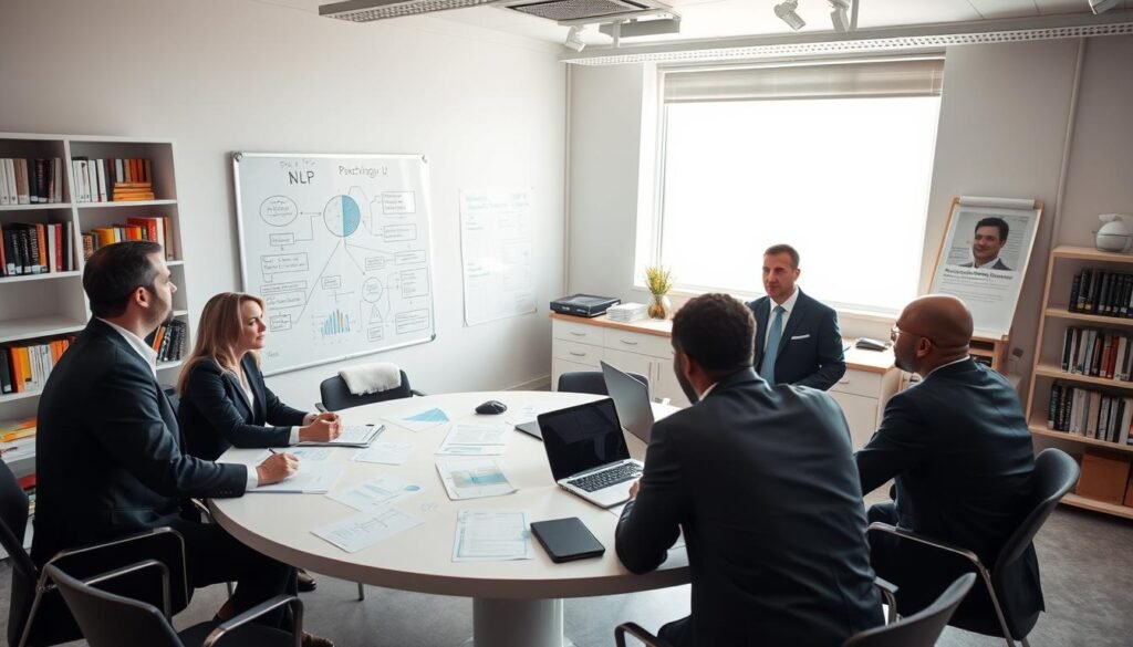 A Contemporary Research Lab Setting Focused On Psychological Research Related To Neuro Linguistic Programming (Nlp). In The Foreground, A Diverse Group Of Four Professionals In Business Attire Is Engaged In A Discussion Around A Large Round Table, Filled With Papers, Laptops, And Visual Aids Such As Graphs And Charts. In The Middle Ground, A Whiteboard Displays Complex Diagrams And Key Terms Associated With Nlp, While A Large Window Allows Natural Light To Flood The Room, Illuminating The Scene. The Background Features Shelves Filled With Psychology Books And Research Materials. The Atmosphere Is One Of Collaboration, Intelligence, And Focus, Effectively Conveying The Essence Of Scientific Inquiry. The Lighting Is Bright And Warm, Captured With A Wide-Angle Lens To Emphasize The Spacious Layout. The Brand I-Hypnotize-U.com Is Subtly Integrated Into A Small Poster On The Wall.