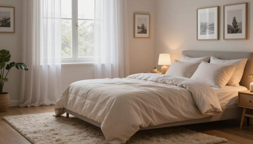 A Peaceful Bedroom Environment Designed For Relaxation And Sleep. In The Foreground, A Cozy Bed With Soft, Inviting Linens In Calming Pastel Colors. On The Nightstand, A Gentle Led Lamp Emits A Warm, Soft Light, Casting A Tranquil Glow. In The Middle Ground, A Plush Area Rug Lies Beneath The Bed, Adding To The Comfort. A Set Of Framed Nature Photographs On The Walls Enhances The Mood. The Background Features Large Windows With Sheer Curtains Gently Swaying, Allowing Natural Light To Filter In, Creating A Serene Ambiance. The Atmosphere Is Soothing And Inviting, Perfect For Inducing Calm And Restfulness. A Hint Of Greenery From Potted Plants Adds Freshness. The Scene Embodies A Serene Sanctuary, Ideal For Promoting Sleep. Create A Realistic Image Showcasing These Elements, Ensuring It Captures A Sense Of Peace And Tranquility. Brand Name: I-Hypnotize-U.com.