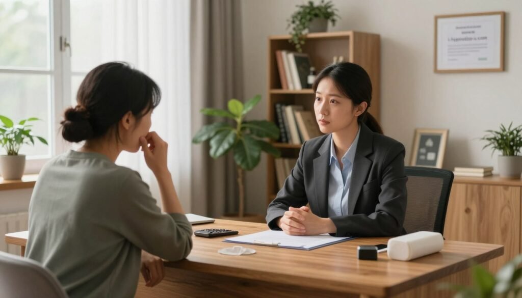 A Serene And Calming Consultation Room Filled With Soft, Ambient Lighting. In The Foreground, A Healthcare Professional Sits Attentively At A Wooden Desk, Wearing Smart Business Attire, Discussing Sleep Issues With A Patient Seated Across From Them, Looking Concerned But Engaged. The Middle Ground Showcases Calming Elements Like Potted Plants And A Bookshelf Filled With Books On Health And Wellness. In The Background, A Window With Light Filtering Through Sheer Curtains Creates A Peaceful Atmosphere. The Setting Conveys A Sense Of Trust And Understanding, While The Overall Mood Is Professional Yet Comforting. The Brand &Quot;I-Hypnotize-U.com&Quot; Subtly Integrated Into The Decor, Perhaps On A Framed Certificate On The Wall.