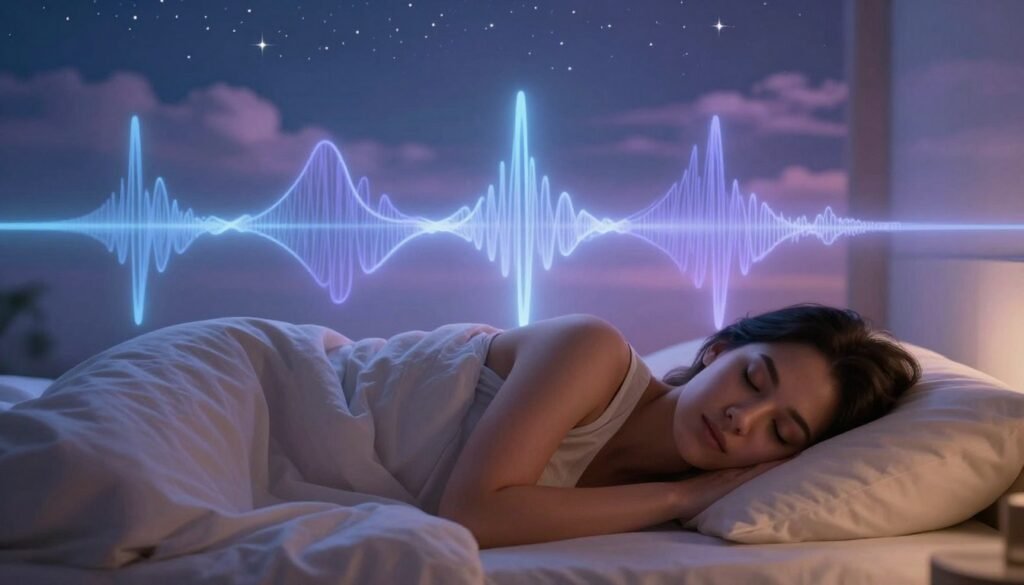 A Serene And Calming Scene Depicting Brainwave Entrainment For Deep Sleep. In The Foreground, A Peacefully Sleeping Person Lies On A Comfortable Bed, Draped In Soft, Neutral-Colored Bedding. Their Face Shows Tranquility, Embodying Relaxation. In The Middle, A Gentle, Flowing Wave Of Light Patterns Represents Brainwaves, Glowing In Soothing Shades Of Blue And Lavender, Cascading Above The Sleeper’s Head. The Background Features A Twilight Ambiance, Suggesting A Tranquil Night Sky With Twinkling Stars Blending Into Soft, Dreamy Clouds. Soft, Ambient Lighting Creates A Warm, Peaceful Atmosphere. The Entire Composition Exudes A Sense Of Harmony And Calmness, Reflecting The Essence Of Sleep Hypnosis. Include Subtle Branding Of &Quot;I-Hypnotize-U.com&Quot; In An Unobtrusive Manner To Enhance The Visual Appeal Without Overpowering The Serene Imagery.