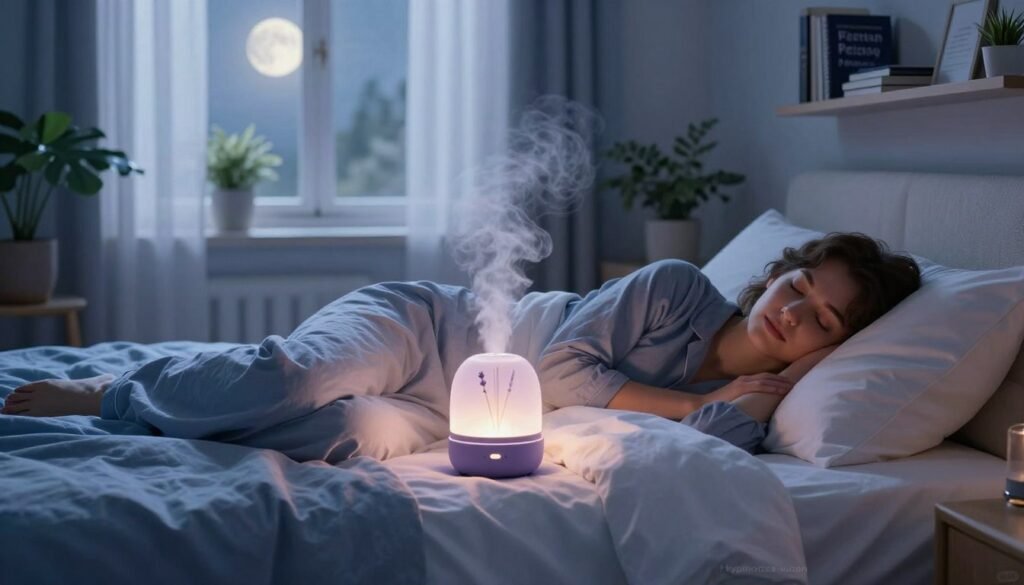 A Serene Bedroom Scene Designed For Peaceful Sleep, Featuring A Cozy, Neatly Made Bed With Soft, Inviting Sheets In Calming Colors Of Blue And White. In The Foreground, A Peaceful Person, Dressed In Modest Casual Sleepwear, Lies Comfortably On The Bed, Their Face Relaxed And Eyes Gently Closed. In The Middle, A Softly Glowing Lavender Diffuser Emits A Gentle Mist, Creating An Aura Of Tranquility. The Background Showcases A Softly Lit Window With Sheer Curtains, Allowing Moonlight To Filter In Softly, Casting A Warm Glow Throughout The Room. Surrounding The Bed, There Are Peaceful Elements Like Potted Plants And A Bookshelf With Sleep-Related Wellness Books. The Overall Atmosphere Is Serene And Calming, Conveying A Sense Of Relaxation And Deep Sleep. A Subtle, Dreamy Light Effect Adds To The Tranquil Mood, While The Branding &Quot;I-Hypnotize-U.com&Quot; Is Subtly Included Within The Scene.