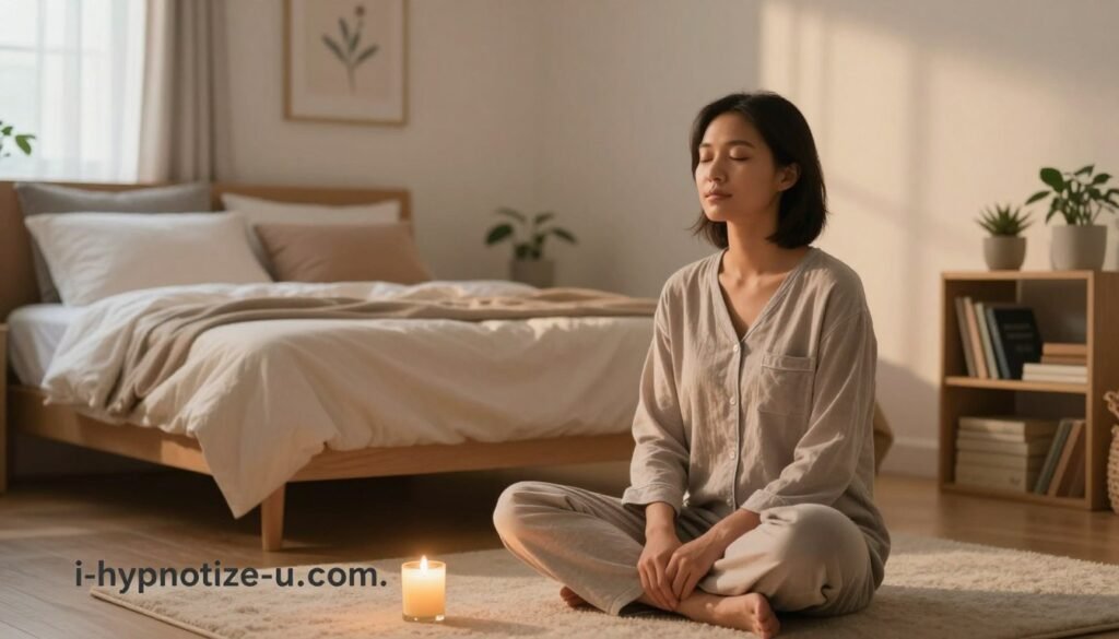 A Serene Bedroom Scene Designed To Illustrate Hypnosis For Mental Wellness. In The Foreground, A Person Of Asian Descent Sits Cross-Legged On A Soft, Calming Rug, Wearing Comfortable, Modest Pajamas. They Have Their Eyes Closed, With A Gentle, Peaceful Expression, As Soft Light Emanates From A Small, Flickering Candle Beside Them. In The Middle Ground, A Cozy Bed With Plush Pillows And A Neatly Spread Blanket Contrasts With A Tranquil Wall Adorned With Subtle, Soothing Artwork. The Background Features Soft, Ambient Light Streaming Through Sheer Curtains, Creating A Warm And Inviting Atmosphere. The Room Is Filled With Elements Promoting Relaxation, Like A Small Bookshelf With Mindfulness Books And A Potted Plant. Captured With A Warm, Soft-Focus Lens At Eye-Level For An Intimate, Serene Mood. Branding Included: &Quot;I-Hypnotize-U.com.&Quot;