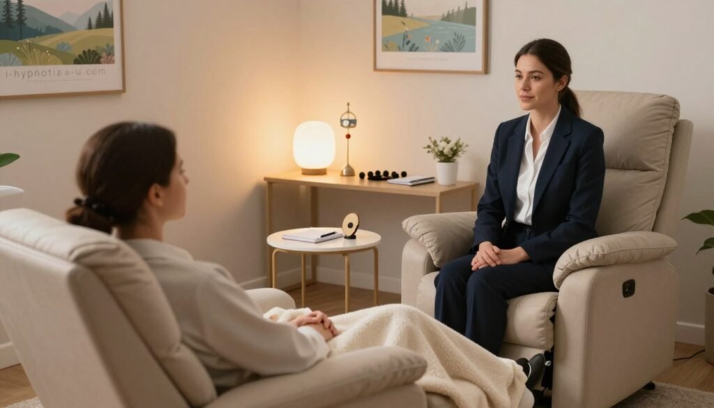 A Serene, Comfortable Room Is Set Up For A Hypnosis Session, Featuring A Plush Reclined Chair In The Foreground, Draped In A Soft, Calming Blanket. A Well-Dressed Therapist Sits Across From The Chair, Dressed In Professional Business Attire, Exuding A Calm And Reassuring Presence. In The Middle Ground, A Small Table Holds Various Hypnosis Tools Like A Pendulum And Notebooks, While A Gentle, Warm Light Illuminates The Space, Creating A Soothing Atmosphere. In The Background, Soft, Muted Colors Adorn The Walls, With Tranquil Artwork Depicting Nature. The Scene Captures A Sense Of Anticipation And Professionalism, Inviting Viewers To Explore The Concept Of Hypnosis. The Brand &Quot;I-Hypnotize-U.com&Quot; Is Subtly Integrated Into The Decor, Enhancing The Ambiance Without Distraction.