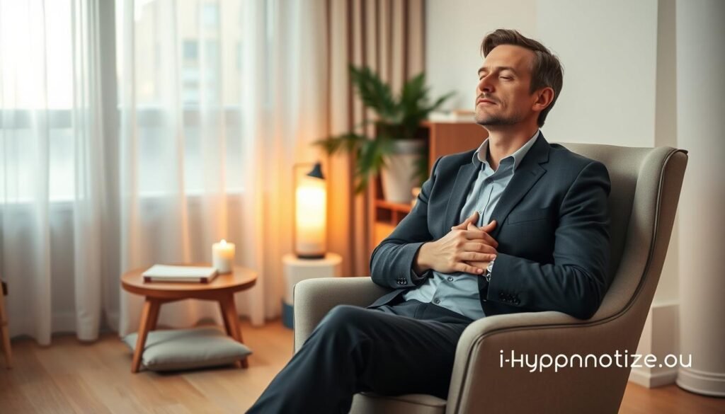 A Serene Home Office Setting With A Person Practicing Self-Hypnosis, Seated Comfortably In A Stylish Chair. The Foreground Features The Individual, A Middle-Aged Caucasian Male Dressed In Smart Casual Attire, Gently Closing His Eyes While Resting His Hands On His Knees. In The Middle Ground, A Meditation Cushion And A Small Table With A Relaxing Candle And A Notebook Are Visible, Symbolizing The Integration Of Self-Hypnosis Into Daily Life. The Background Includes A Softly Illuminated Window With Sheer Curtains, Allowing Natural Light To Filter In, Casting Warm Shadows. The Atmosphere Is Tranquil And Focused, Emphasizing Mindfulness And Self-Care. The Scene Radiates Positivity And Calm, Showcasing The Benefits Of Self-Hypnosis Techniques. The Logo &Quot;I-Hypnotize-U.com&Quot; Appears Subtly In The Corner Of The Image.