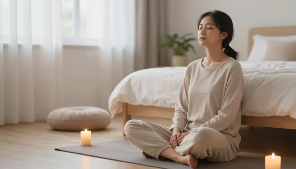 A Serene, Softly Lit Bedroom Scene Depicting An Individual Practicing Focused Attention Sleep. In The Foreground, A Calm Person With Closed Eyes Sits Cross-Legged On A Plush, Neutral-Toned Yoga Mat, Dressed In Comfortable, Modest Lounge Wear. The Individual’s Expression Conveys Deep Relaxation And Peace, As Subtle Light Glows From A Nearby Candle, Casting Gentle Shadows. In The Middle, A Subtle Hint Of A Meditation Cushion And A Small Indoor Plant Adds Warmth And Tranquility. The Background Features A Softly Blurred Window With Light Drapes Filtering Natural Light, Harmonizing The Atmosphere. The Color Palette Includes Soothing Pastels, Creating A Peaceful Ambiance That Invites Deep Relaxation. This Image Embodies The Essence Of Focused Attention In Sleep, Perfect For Illustrating The Topic. I-Hypnotize-U.com.
