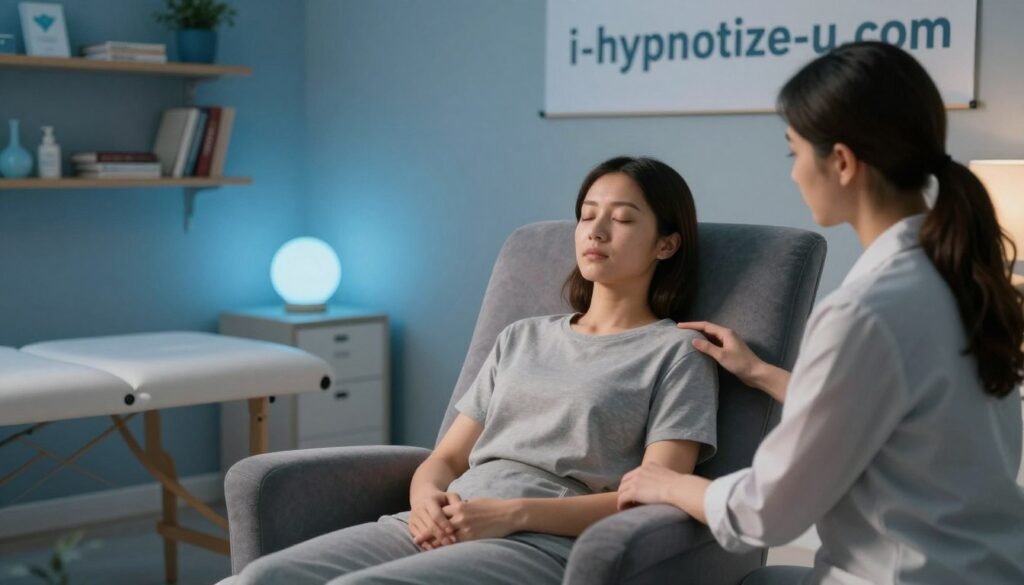 A Serene, Softly Lit Hypnotherapy Session In A Modern, Welcoming Clinic. In The Foreground, A Licensed Hypnotherapist, Dressed In Professional Attire, Gently Guides A Client Seated Comfortably In A Plush Armchair. The Client Appears Relaxed, With Closed Eyes, Suggesting Deep Focus And Tranquility. In The Middle Ground, Soothing Elements Like Calming Blue Colors And Soft Lighting Create An Atmosphere Of Peace And Support. The Background Features Shelves With Books On Wellness And A Subtle Banner Displaying The Brand Name &Quot;I-Hypnotize-U.com.&Quot; Soft Shadows And Warm Light Create A Cozy Ambiance, Evoking Feelings Of Safety And Encouragement, Reflecting The Integration Of Hypnosis Into The Lap Band Journey For Successful Outcomes.