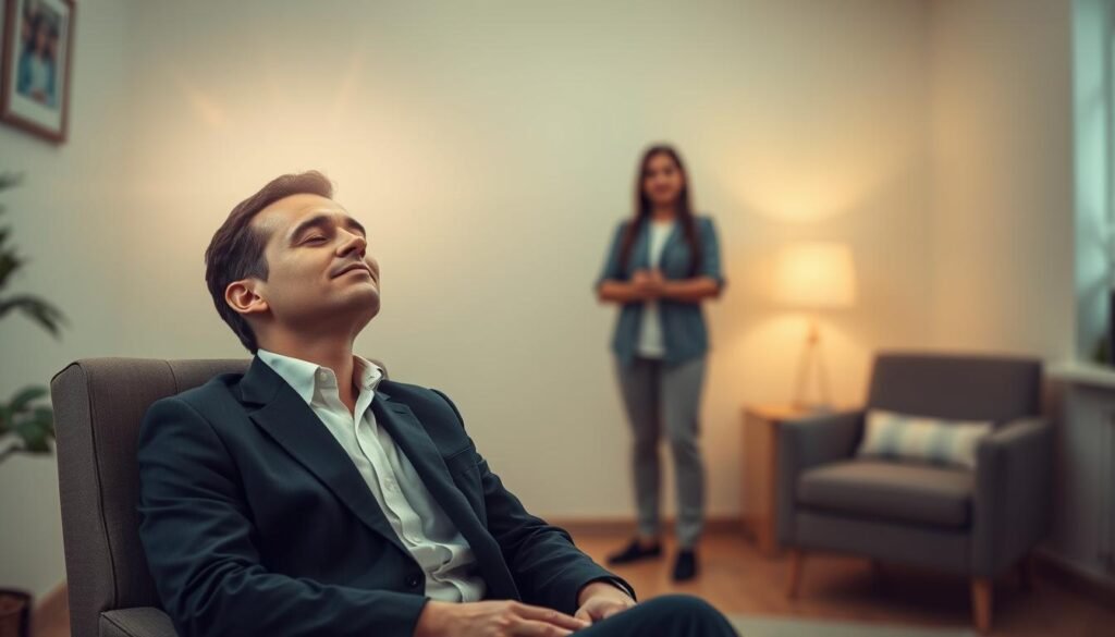 A Serene Therapy Room Featuring A Calm, Focused Individual Sitting In A Comfortable Chair, Dressed In Professional Business Attire. They Are Immersed In A Guided Imagery Hypnosis Session, Eyes Closed, With A Soft Expression Of Relaxation. In The Foreground, A Gentle, Glowing Aura Surrounds Their Head, Symbolizing The Transformative Power Of Hypnosis. In The Middle, A Skilled Hypnotist Stands Slightly To The Side, Guiding Them With A Reassuring Presence, Wearing Modest Casual Clothing. The Background Features Soft, Warm Lighting That Creates An Inviting Atmosphere, With Calming Colors Like Light Blues And Soft Greens Enhancing The Mood. Subtle Imagery Of Overcoming Barriers And Uplifting Elements Is Faintly Visible, Indicating Triumph Over Social Rejection, Emphasizing Healing And Personal Growth. Include The Brand Name &Quot;I-Hypnotize-U.com&Quot; Subtly Within The Scene.